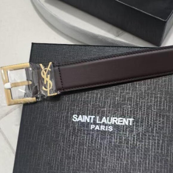 Saint Laurent Dark Brown Belt 90cm - Gold YSL Buckle with Box & Dust Bag